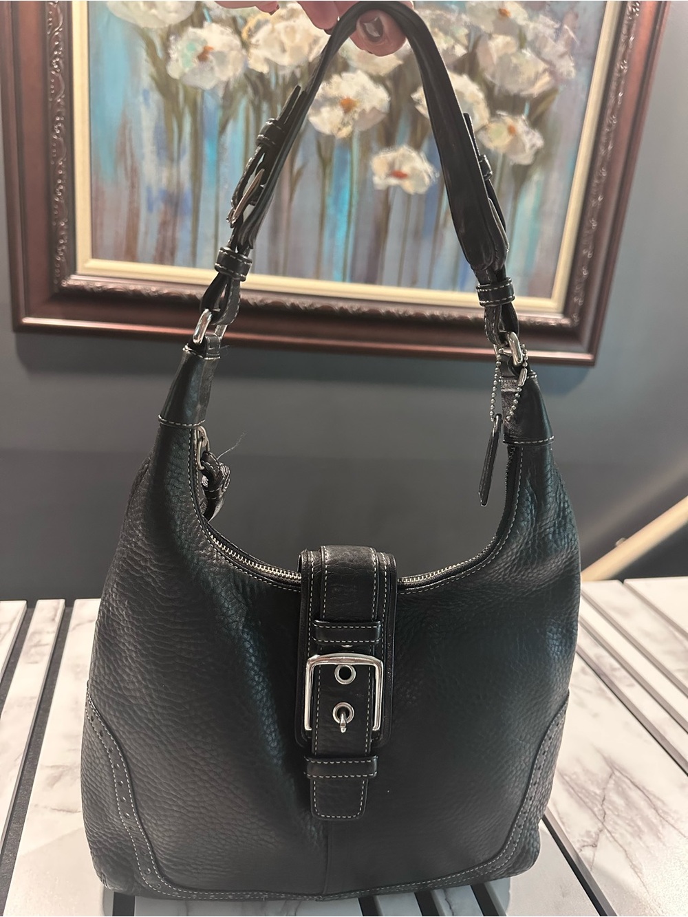 Coach Black Leather Shoulder Bag with Buckle Detail